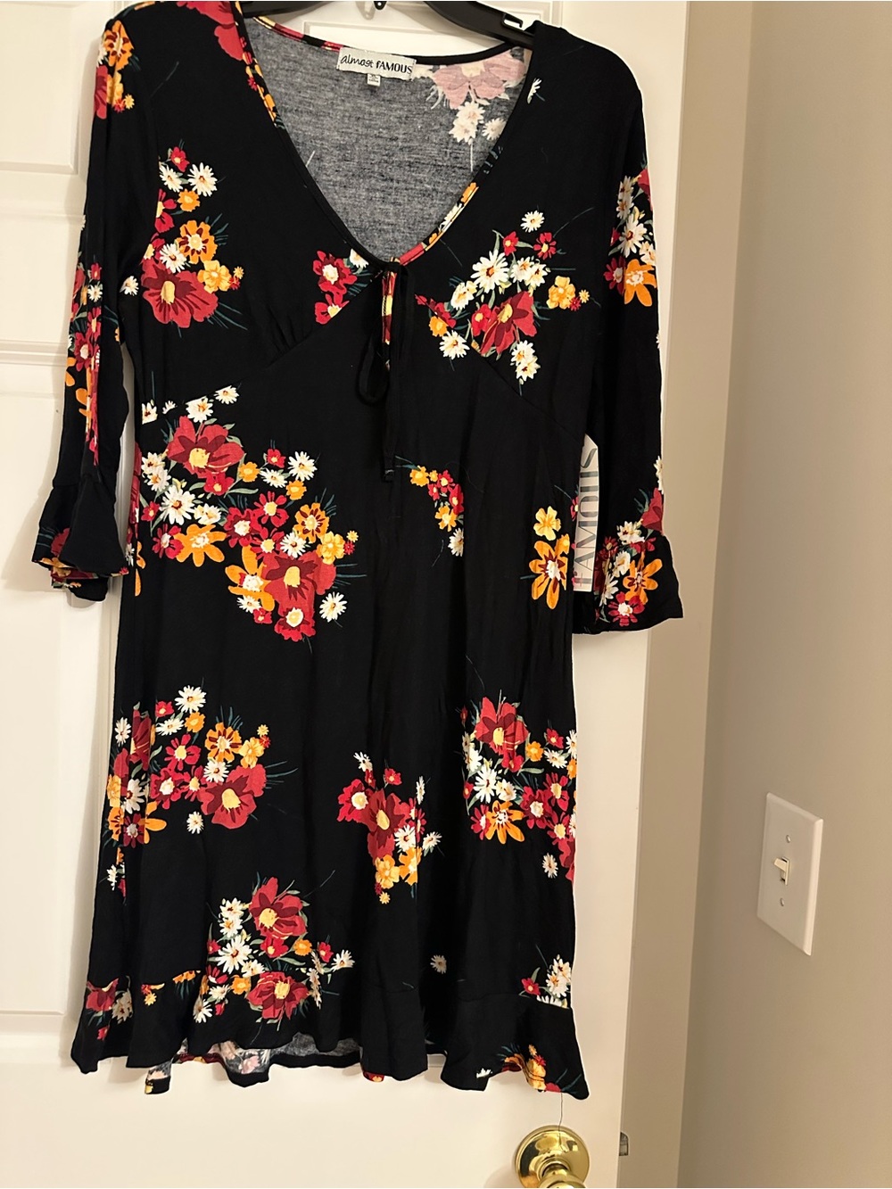 Almost Famous Black Floral Midi Dress with Ruffle Sleeves